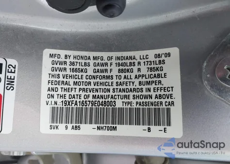 2009 Honda Civic Lx z USA, uszkodzony, nr VIN 19XFA16579E048003